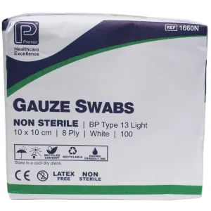 Gauze Swabs 10 x 10cm 8 ply BP Type 13 per Pack of 100 - SN